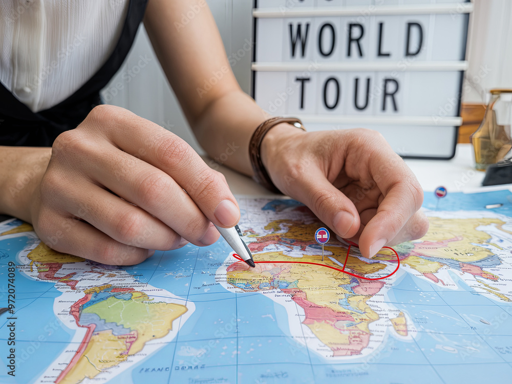 Person studying a map, planning a world tour, representing ambitious travel goals Person studying a map, planning a world tour, representing ambitious travel goals