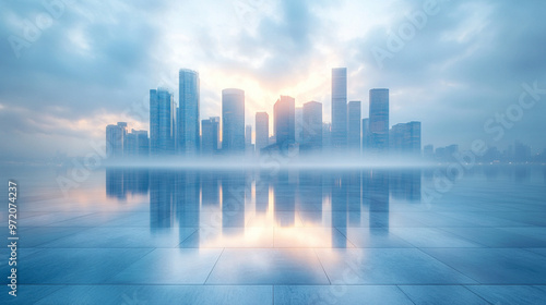 urban skyline under a clear sky, capturing the contrast between modern city life and the solitude of open space