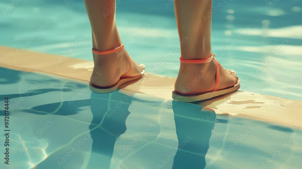 Enjoying a sunny day by the pool with stylish sandals and refreshing water in the background Enjoying a sunny day by the pool with stylish sandals and refreshing water in the background