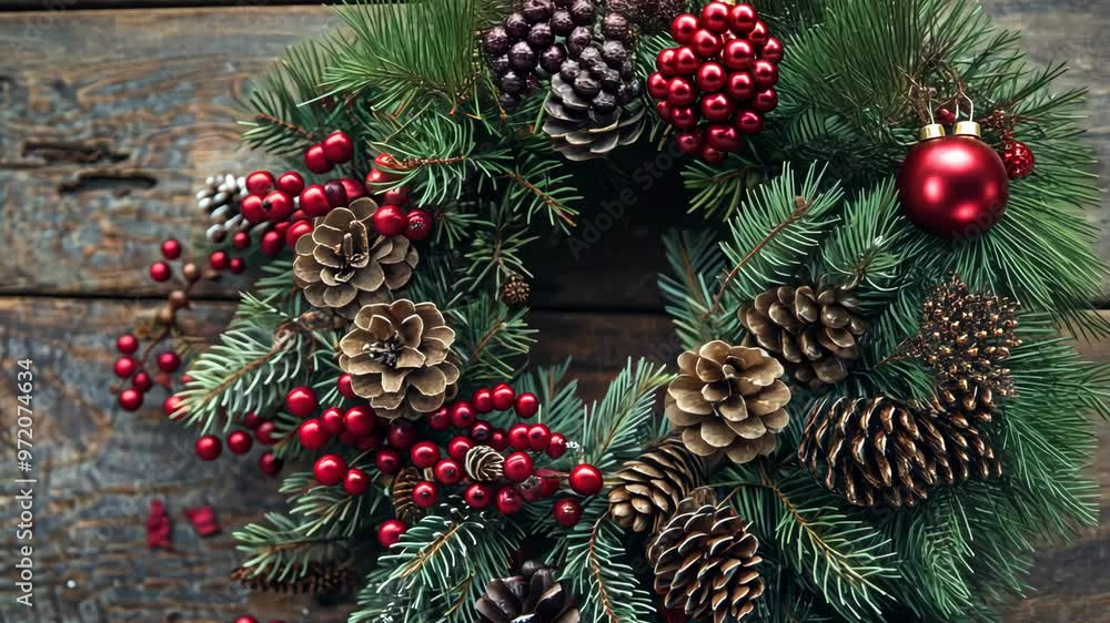 Beautiful holiday wreath adorned with pinecones and red berries against rustic wooden background Beautiful holiday wreath adorned with pinecones and red berries against rustic wooden background