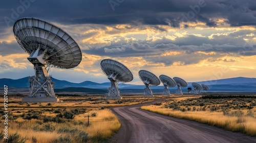 The Very Large Array (VLA) at the National Radio Astronomy Observatory, consisting of massive radio telescopes arranged in a Y-shaped configuration, used for observing deep space phenomena.