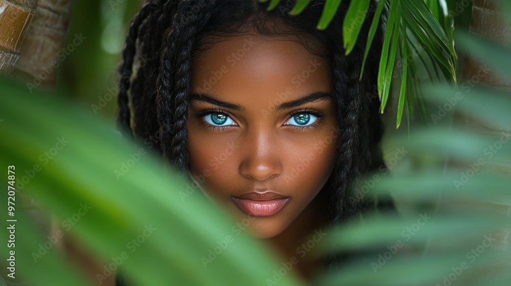 Naklejka premium Close-up Portrait of a Woman with Braided Hair and Bright Blue Eyes, Framed by Lush Green Tropical Leaves, Radiating Natural Beauty and Serenity in a Nature-Inspired Setting