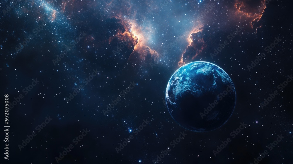 Obraz premium A stunning view of Earth from space, surrounded by a vast expanse of stars and nebulae. The planet appears blue and green, with clouds swirling around it.