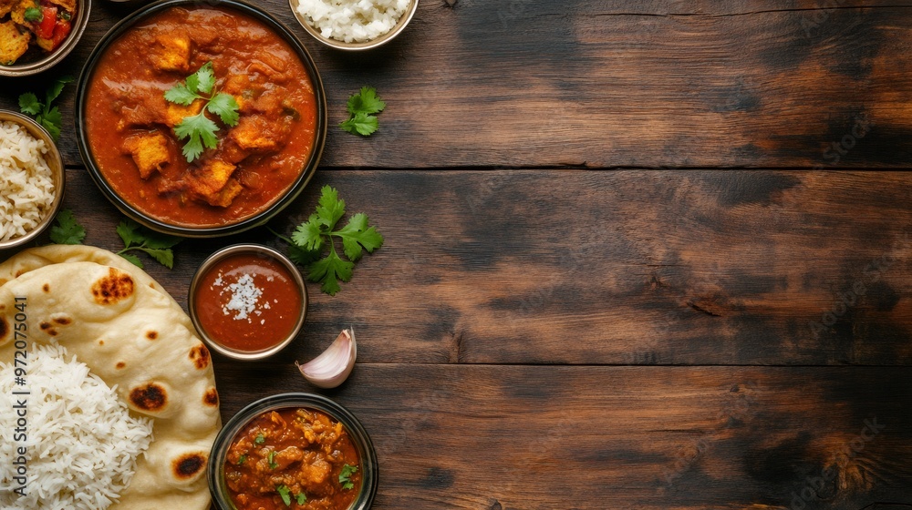 Indian food with chicken curry, rice, naan bread, and garnish on a wooden background. Indian food with chicken curry, rice, naan bread, and garnish on a wooden background.