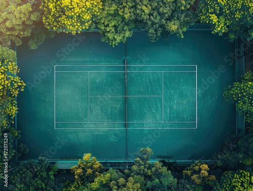 Aerial view of a tennis court surrounded by lush greenery, blending sports with nature's tranquility. photo