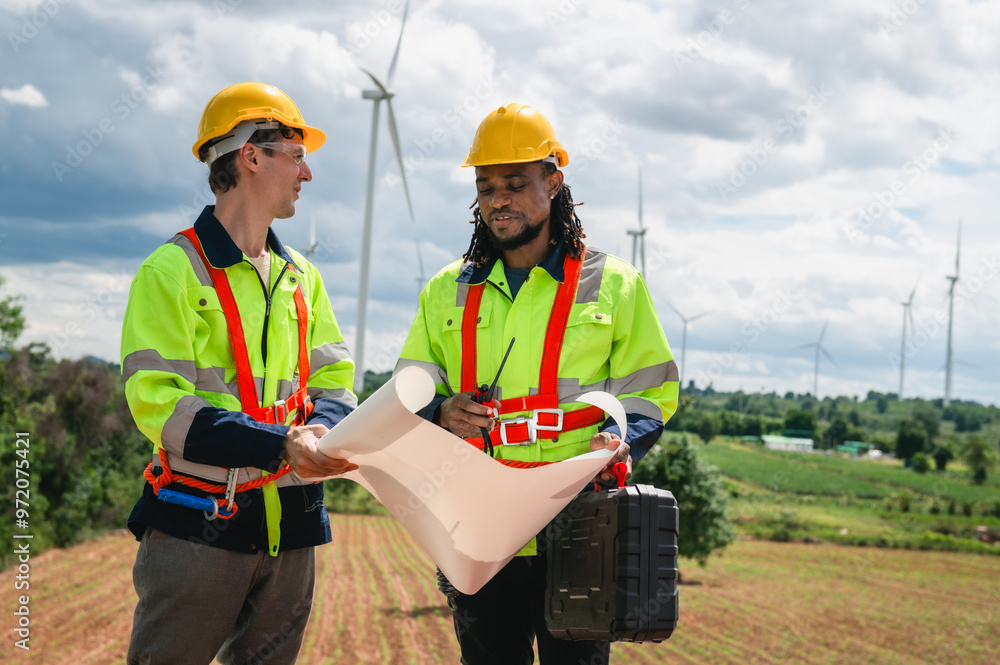 Two men in yellow safety vests are looking at a piece of paper Two men in yellow safety vests are looking at a piece of paper