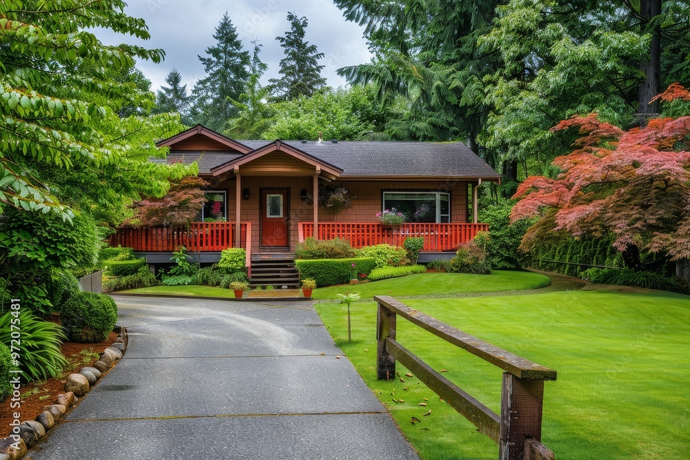 Small Single Family Home in the Pacific Northwest with Wooden Deck, Red Fence, Lush Green Grass, and Large Backyard Small Single Family Home in the Pacific Northwest with Wooden Deck, Red Fence, Lush Green Grass, and Large Backyard