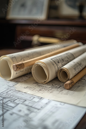 Detailed architectural plans rolled up on a drafting table photo