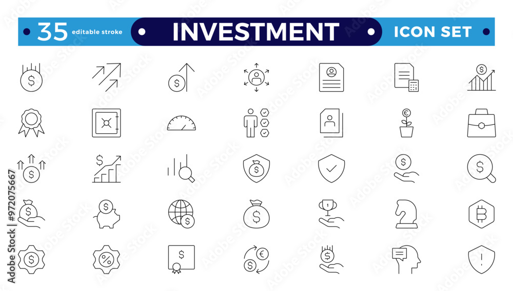 Set of Outline icons related to investment, investor, risk management, economy, financial gain, money, coins symbols. Editable stroke outline icon. Set of Outline icons related to investment, investor, risk management, economy, financial gain, money, coins symbols. Editable stroke outline icon.