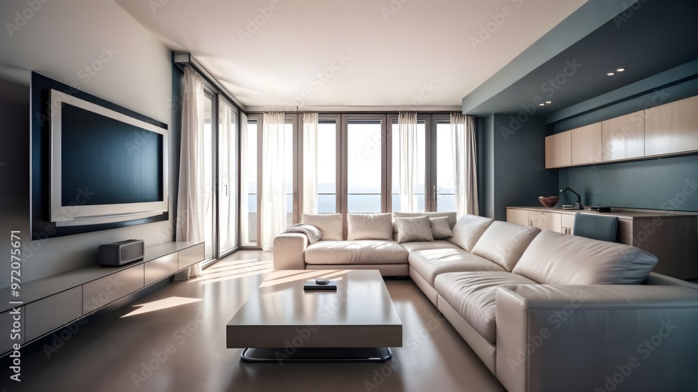 Fototapeta premium a living room with a couch and a coffee table.