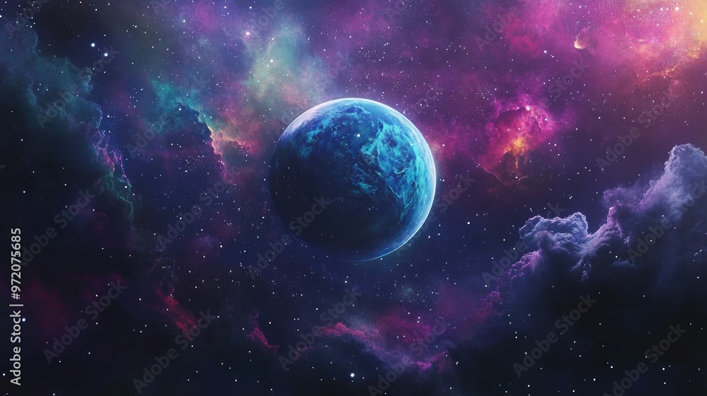 Naklejka premium A blue planet with swirling clouds against a backdrop of stars and nebulae, with pink and purple hues.