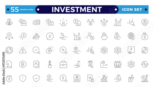 Set of  Outline icons related to investment, investor, risk management, economy, financial gain, money, coins symbols. Editable stroke outline icon.