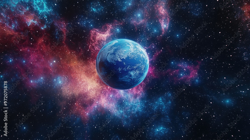 A vibrant, colorful nebula surrounds a blue planet in space, creating a breathtaking display of cosmic beauty. A vibrant, colorful nebula surrounds a blue planet in space, creating a breathtaking display of cosmic beauty.