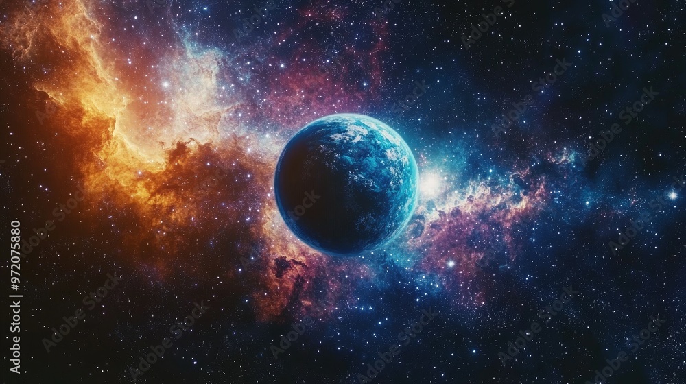 A blue planet surrounded by a swirling nebula of red and blue gas, with stars in the background. A blue planet surrounded by a swirling nebula of red and blue gas, with stars in the background.