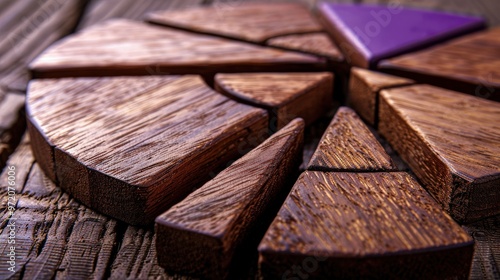 Wooden segments arranged in a circular pie chart shape, each piece with a distinct wooden texture. Natural tones combined with a purple accent highlight division and segmentation in a network graph.
