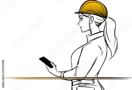 A female engineer in a hard hat stands confidently, holding a smartphone.