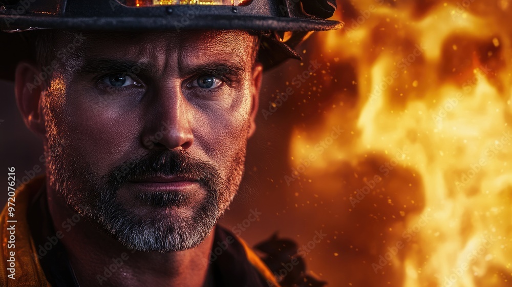 Close-up portrait of a determined firefighter with flames in the background. Close-up portrait of a determined firefighter with flames in the background.