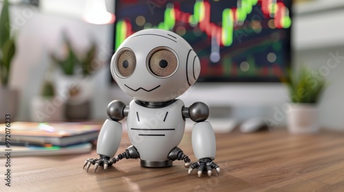 Cute robot sitting on a wooden desk with stock market graphs displayed on screen in background. Robot design is simple yet modern, creating a playful contrast with financial and business environment.