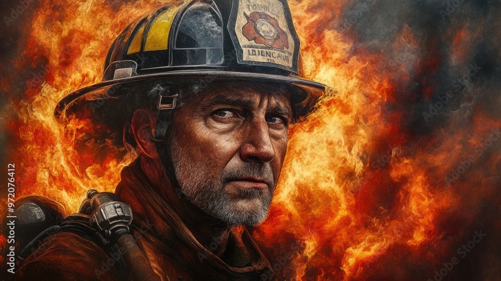 A determined firefighter in full gear stands in front of a wall of flames, with a serious expression on his face. A determined firefighter in full gear stands in front of a wall of flames, with a serious expression on his face.
