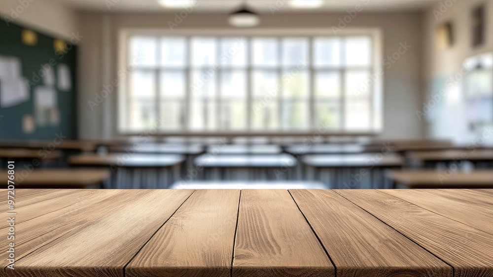 Wooden top with blurred empty classroom background can be used for mocking up or display product to make advertising. Wooden top with blurred empty classroom background can be used for mocking up or display product to make advertising.