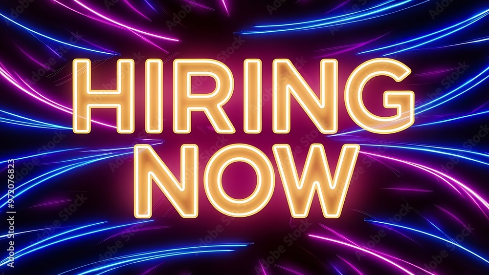 Hiring now neon text social media post design. Ai generative. Hiring now neon text social media post design. Ai generative.