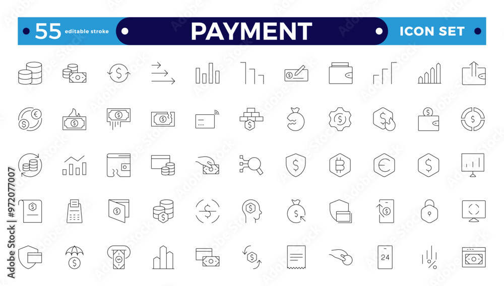 Payment outline icon set. Business and finance payment collection with money, banking, credit card, exchange, cash, and transaction icon. Editable stroke outline icon.
Payment outline icon set. Business and finance payment collection with money, banking, credit card, exchange, cash, and transaction icon. Editable stroke outline icon.