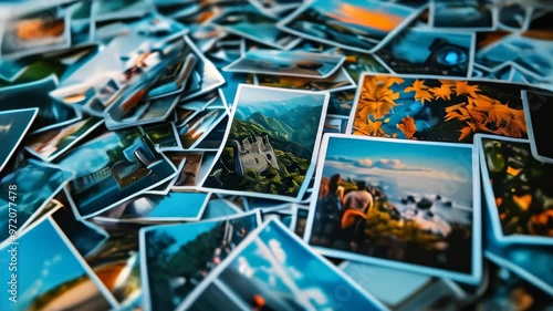 Exploring a collection of diverse landscapes and historical sites captured in vibrant photographs scattered on a table