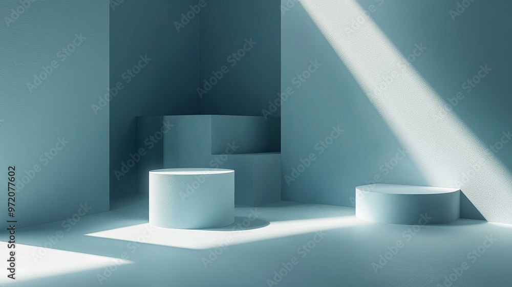 Abstract geometry studio scene with shadow and light. Blue background for luxury product display showroom mockup. Minimal interior aesthetic with empty space, geometric line, square, corner backdrop Abstract geometry studio scene with shadow and light. Blue background for luxury product display showroom mockup. Minimal interior aesthetic with empty space, geometric line, square, corner backdrop