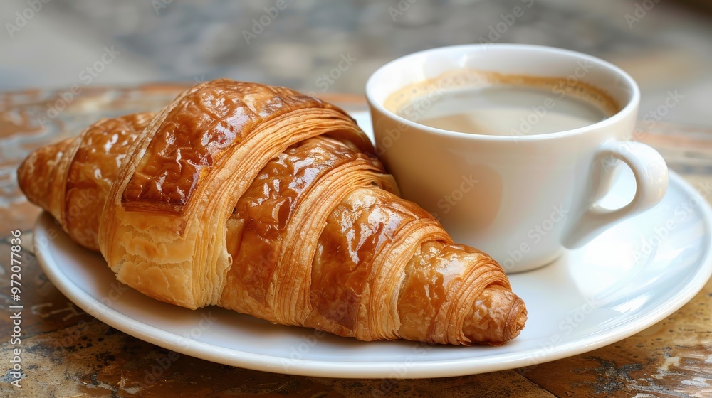 Close-up of a croissant and a cup of coffee on a white plate, with soft focus on the background, highlighting the flaky texture of the pastry and the creamy coffee. Close-up of a croissant and a cup of coffee on a white plate, with soft focus on the background, highlighting the flaky texture of the pastry and the creamy coffee.