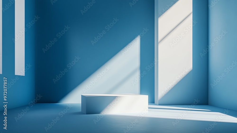 Fototapeta premium Abstract geometry studio scene with shadow and light. Blue background for luxury product display showroom mockup. Minimal interior aesthetic with empty space, geometric line, square, corner backdrop 