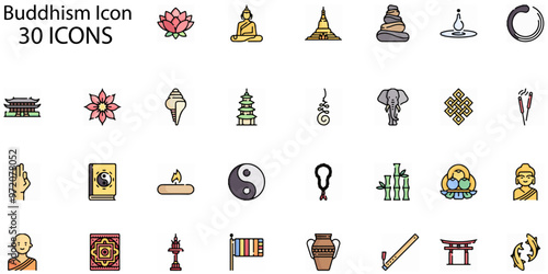 Set of Buddhism icons. Line art style icons bundle. vector illustration