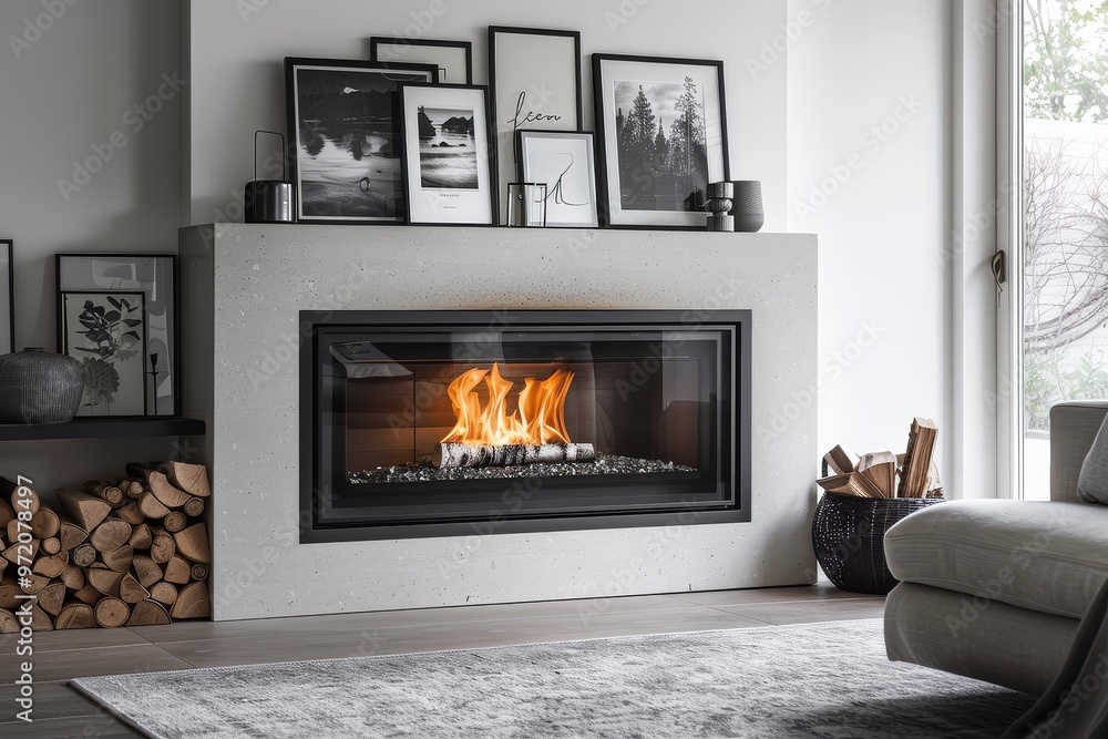 Elegant Rectangular Black Wood Burning Fireplace with Glass on White Wall - Cozy Firewood, Framed Pictures, and Light Gray Carpet Elegant Rectangular Black Wood Burning Fireplace with Glass on White Wall - Cozy Firewood, Framed Pictures, and Light Gray Carpet