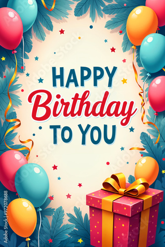 Greeting card. Colorful birthday greeting card with a festive design, featuring balloons and a gift box.