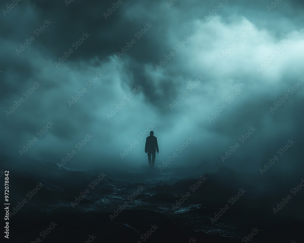 Depiction of loneliness and depression in a dark foggy panorama, heavy mist, distant figure lost in shadows, emotional and haunting scene Depiction of loneliness and depression in a dark foggy panorama, heavy mist, distant figure lost in shadows, emotional and haunting scene