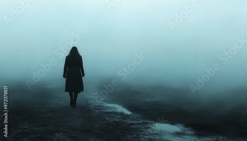 Depiction of depression and loneliness, dark foggy panorama, vast empty landscape, isolated figure, emotional depth, mist and shadows prevailing photo