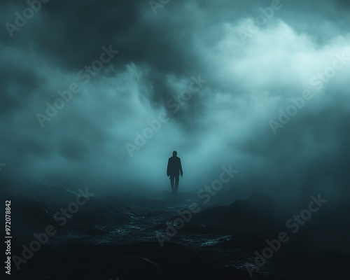 Depiction of loneliness and depression in a dark foggy panorama, heavy mist, distant figure lost in shadows, emotional and haunting scene