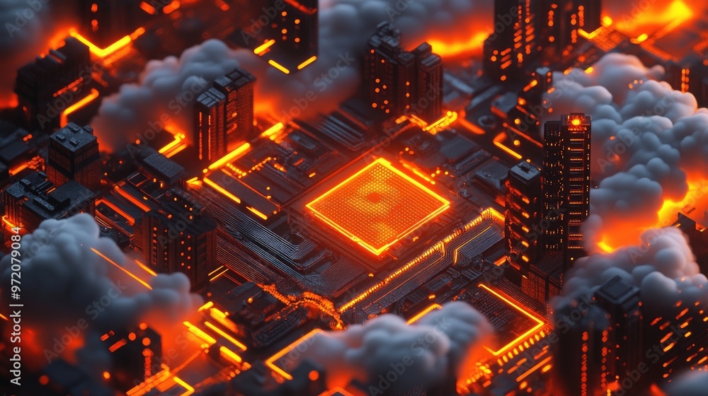 Abstract 3D rendering of a futuristic city with glowing neon lights and a central processor. Abstract 3D rendering of a futuristic city with glowing neon lights and a central processor.