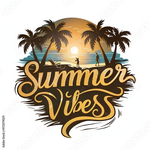 Wallpaper Mural Palm trees on a beach with the words summer colorful on the top. Torontodigital.ca