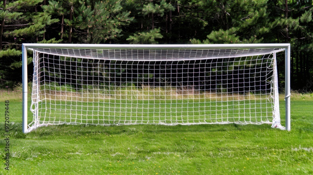 Fototapeta premium The Goal: Featuring two vertical posts and a crossbar with an attached net, the standard goal measures 7.32 meters wide and 2.44 meters high. 