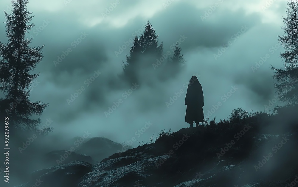 Fototapeta premium Panoramic representation of isolation, depression, and loneliness, dark foggy landscape, emotional depth, mist covering vast areas, eerie silence
