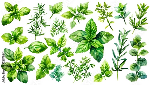 Lively Watercolor Display of Diverse Fresh Green Herb Leaves on Clean White Canvas