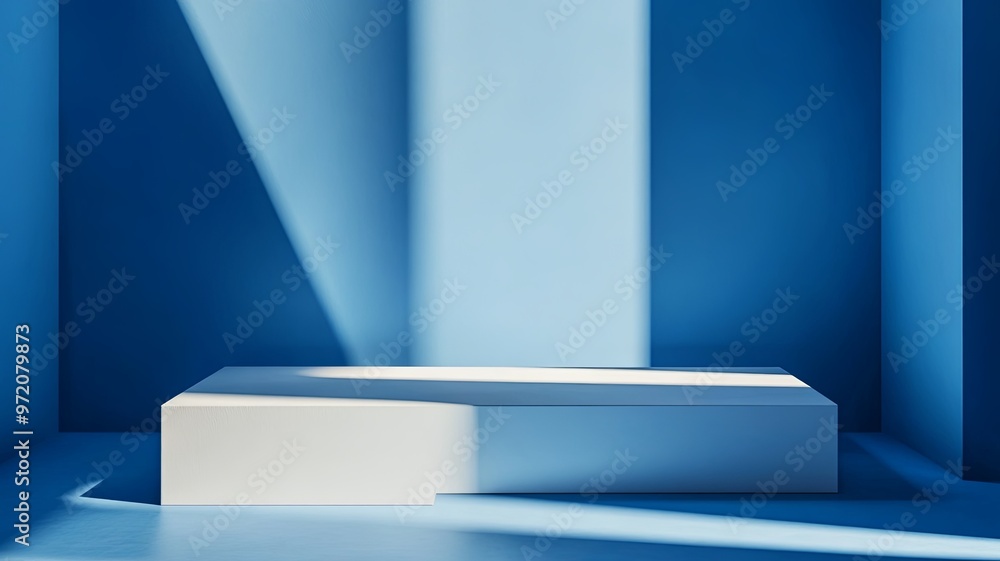 Abstract geometry studio scene with shadow and light. Blue background for luxury product display showroom mockup. Minimal interior aesthetic with empty space, geometric line, square, corner backdrop Abstract geometry studio scene with shadow and light. Blue background for luxury product display showroom mockup. Minimal interior aesthetic with empty space, geometric line, square, corner backdrop