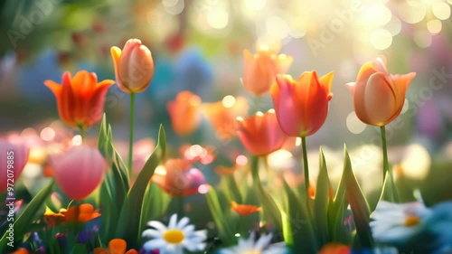 Discover a vibrant spring garden filled with blooming tulips and daisies in a sunlit landscape