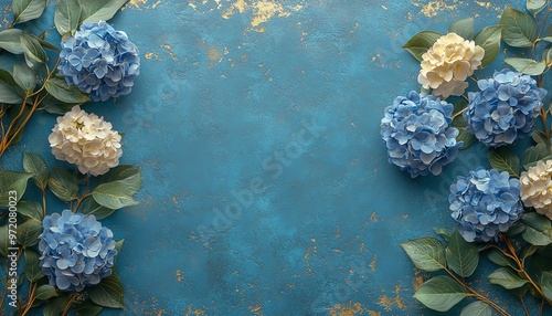 Chinesestyle hydrangeas against a blue background with glass texture photo