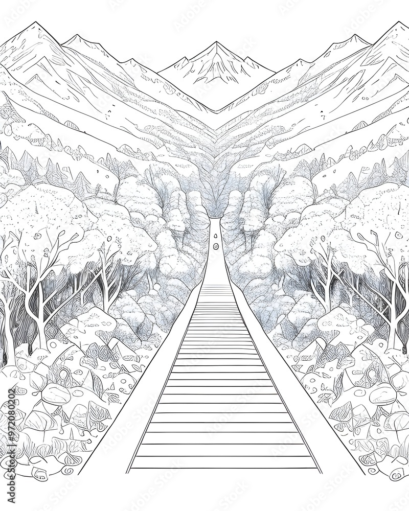 Fototapeta premium A drawing of a path going through a forest with a mountain in the background.