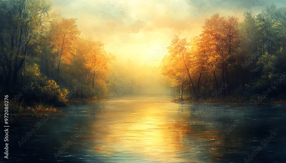 Early fall scene of a swampy river at dawn, Dungeons and Dragons setting, oil painting art style, misty and warm, detailed fantasy landscape, atmospheric depth Early fall scene of a swampy river at dawn, Dungeons and Dragons setting, oil painting art style, misty and warm, detailed fantasy landscape, atmospheric depth