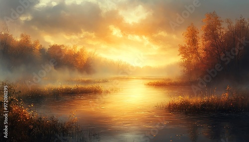 Early fall scene of a swampy river at dawn, Dungeons and Dragons setting, oil painting art style, misty and warm, detailed fantasy landscape, atmospheric depth