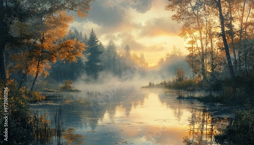 Early fall scene of a swampy river at dawn, Dungeons and Dragons setting, oil painting art style, misty and warm, detailed fantasy landscape, atmospheric depth