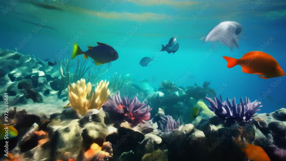 Explore the vibrant underwater life of a coral reef at noon, showcasing colorful fish and diverse marine plants Explore the vibrant underwater life of a coral reef at noon, showcasing colorful fish and diverse marine plants