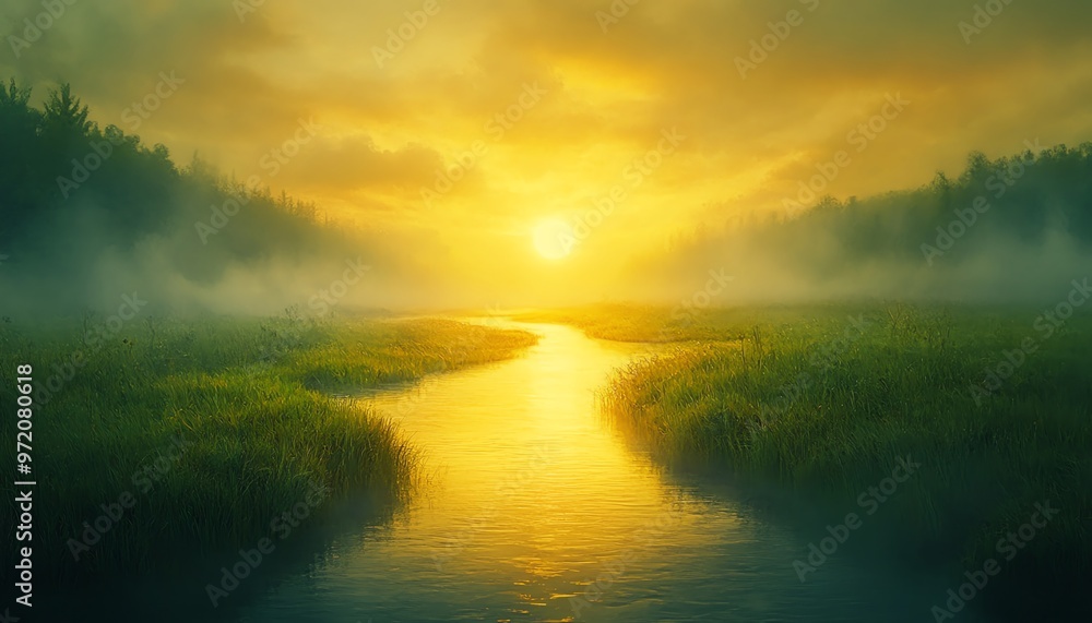 Grassy hill at sunrise overlooking a swampy river, early fall, Dungeons and Dragons background, oil painting style, misty and warm atmosphere, rich fantasy landscape Grassy hill at sunrise overlooking a swampy river, early fall, Dungeons and Dragons background, oil painting style, misty and warm atmosphere, rich fantasy landscape